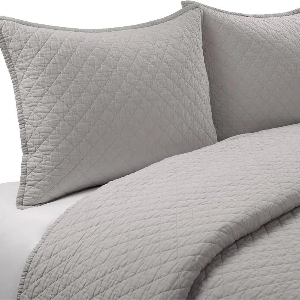 Lush Decor Belgian Flax Prewashed Linen Rich Cotton Blend 3 Pc Quilt Set, Gray